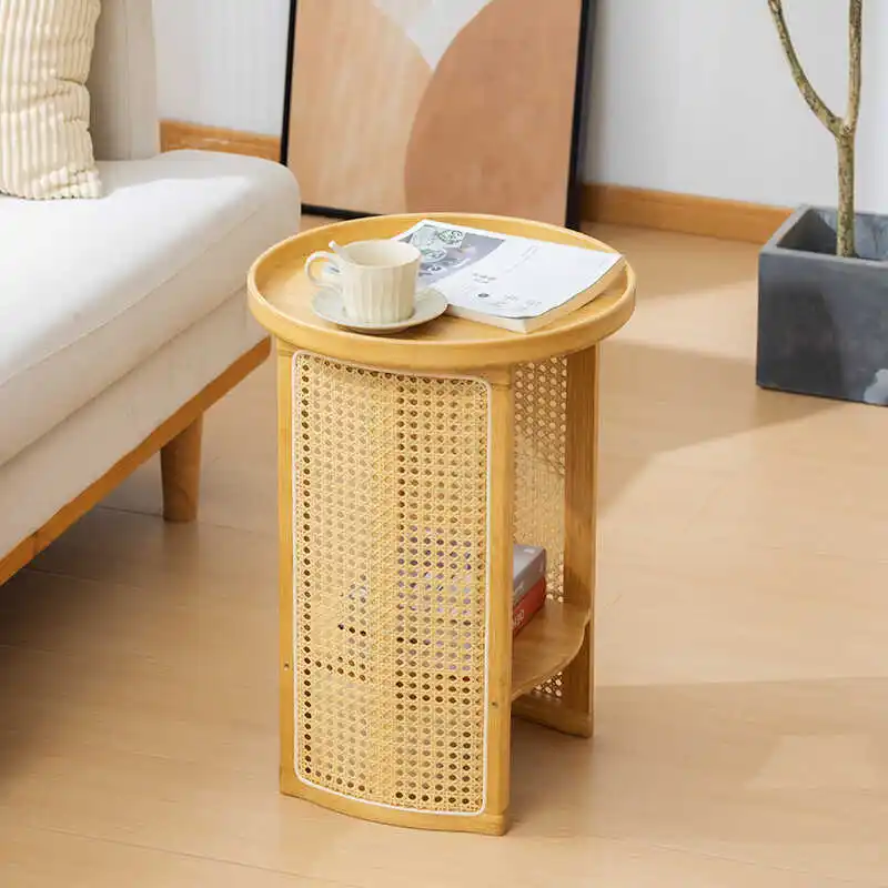 Side Desk Living Room Small Coffee Table Bedside Side Cabinet Creative Round Balcony Small Desk Japanese Rattan Table