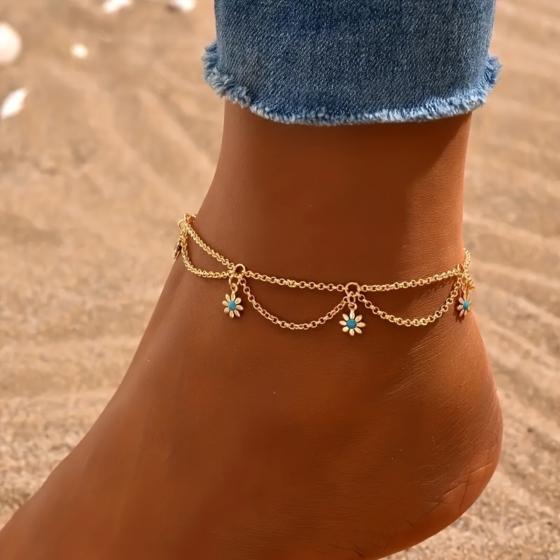 Bohemian Double Layers Sweet Flower Pendant Anklet Women Sparkling Summer Beach Party Gift Jewelry Accessories
