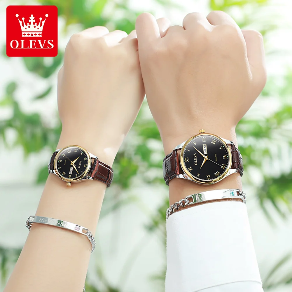 OLEVS Original Quartz Couple Watch Luxury Stainless Steel Watch for Women and Men Waterproof Luminous Dual Calendar Wrist Watch