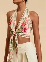 Haut court col licou pour femmes, Sexy, nœud sur le devant, sans manches, imprimé graphique Floral, col en v, dos nu, débardeur, vêtements Y2K, été 4