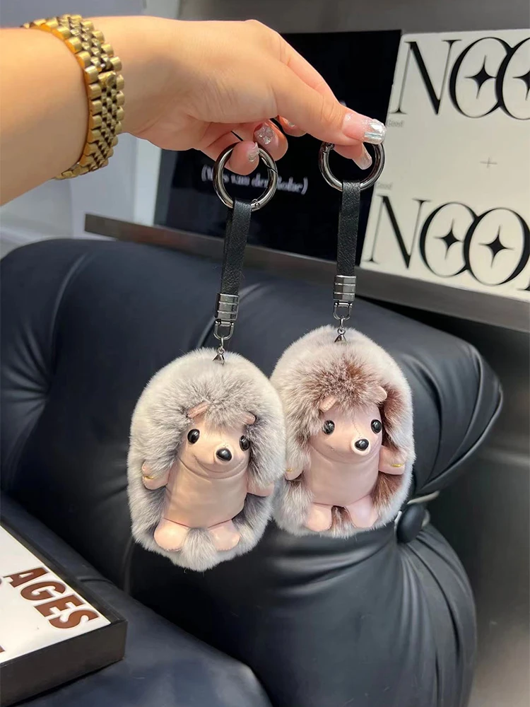 Cute Hedgehog Real Rex Rabbit Fur Key Chains Plush Toy Pendant Kids School  Bag Hanging Ornaments Women Car Keyring Trinkets Gift