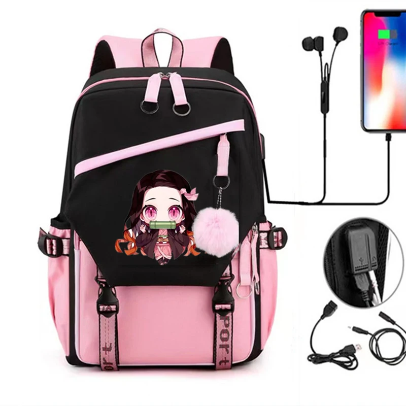 Mochila De Anime Demon Slayer Para Ni as De Viaje Con Carga USB Morral 