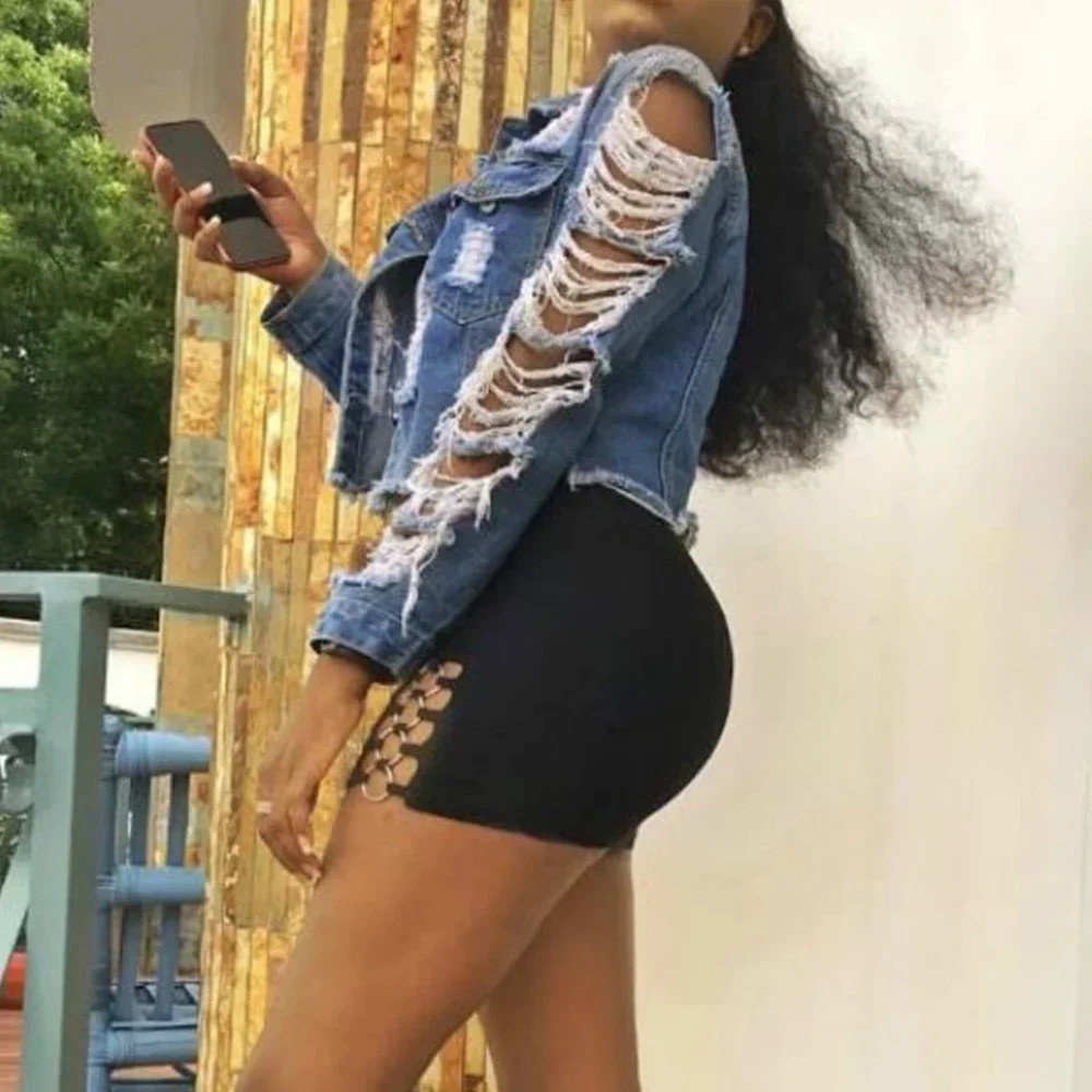 2023 Vintage Short Jean Coat Sexy Ripped Denim Jacket Women Plus Size Fall Winter Casual Female Outwear Fashion Streetwear indie