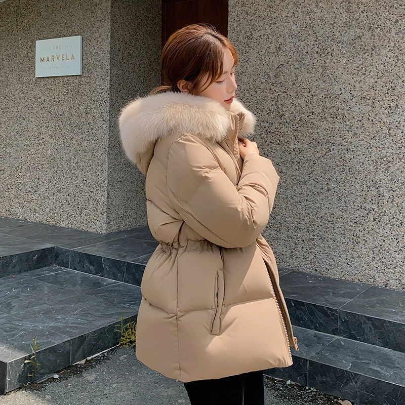 

2023 Women's Winter Fashion Big Fur Collar Hooded Coats Female White Duck Down Jackets Ladies Solid Color Warm Overcoats E449