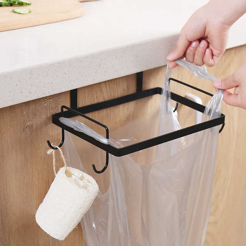 Kitchen Garbage Bag Holder Iron Hanger Metal Trash Rack Cupboard Door Back Hanging Kitchen Storage Trash Rack Accessories Tools 2