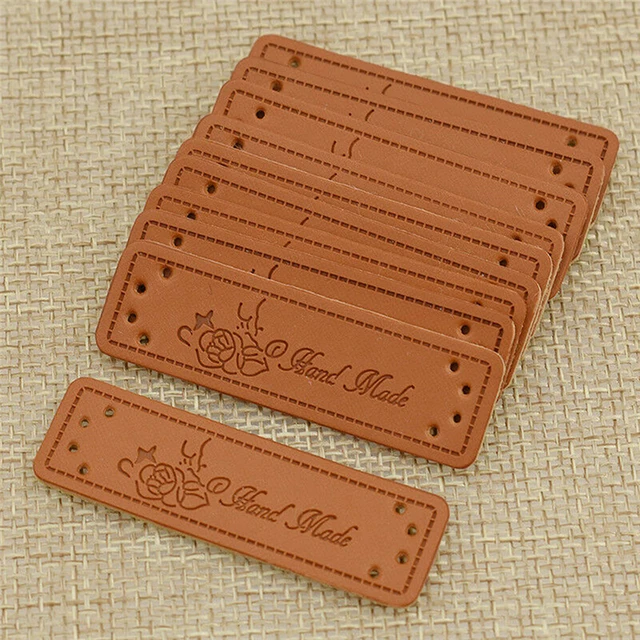 50Pcs Brown Made with Heart PU Leather Handmade Label Tags DIY Sewing Craft 2