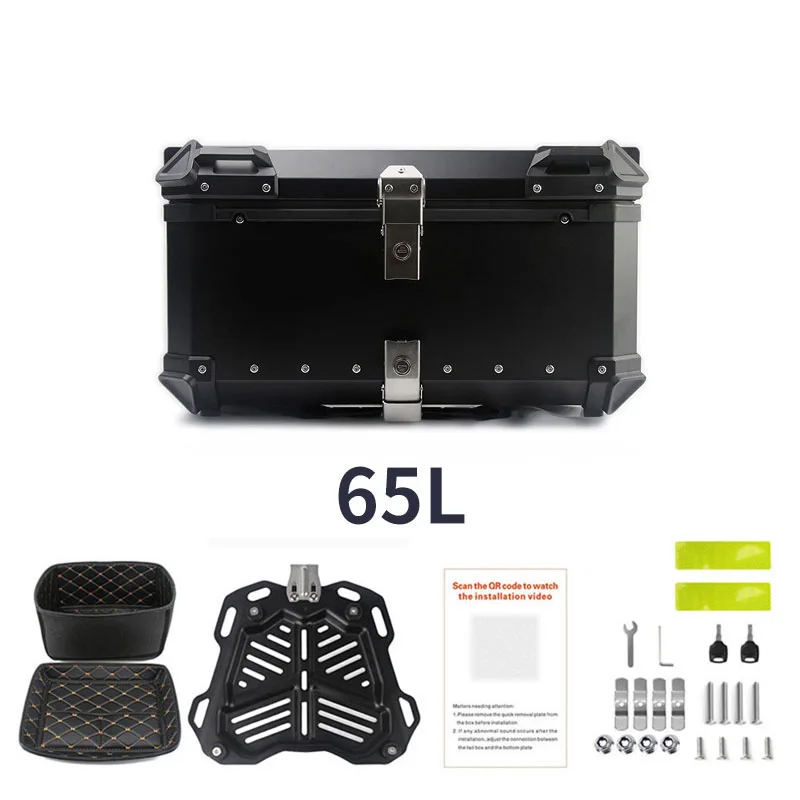 65L Universal Motorcycle Top Case, Waterproof Aluminum Motorcycle Trunk Tour Tail Box With Anti-Theft Lock System For Helmet