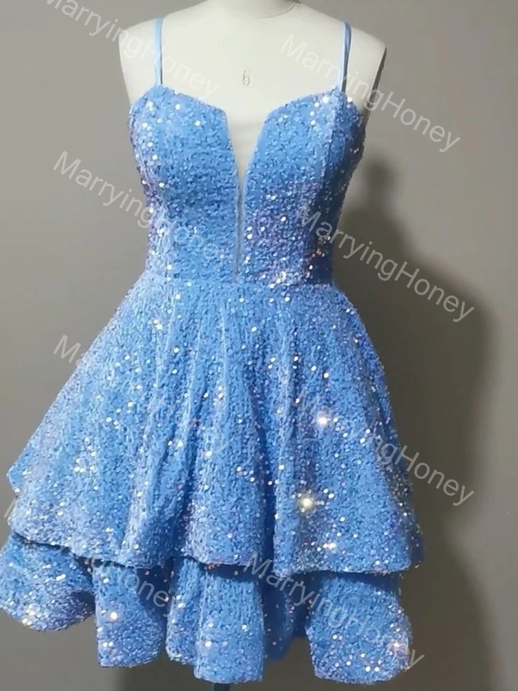 

Women's Spaghetti Straps Homecoming Dresses Short for Teens Sparkly Sequin Lace Up Back Above Knee Length Cocktail Party Gown