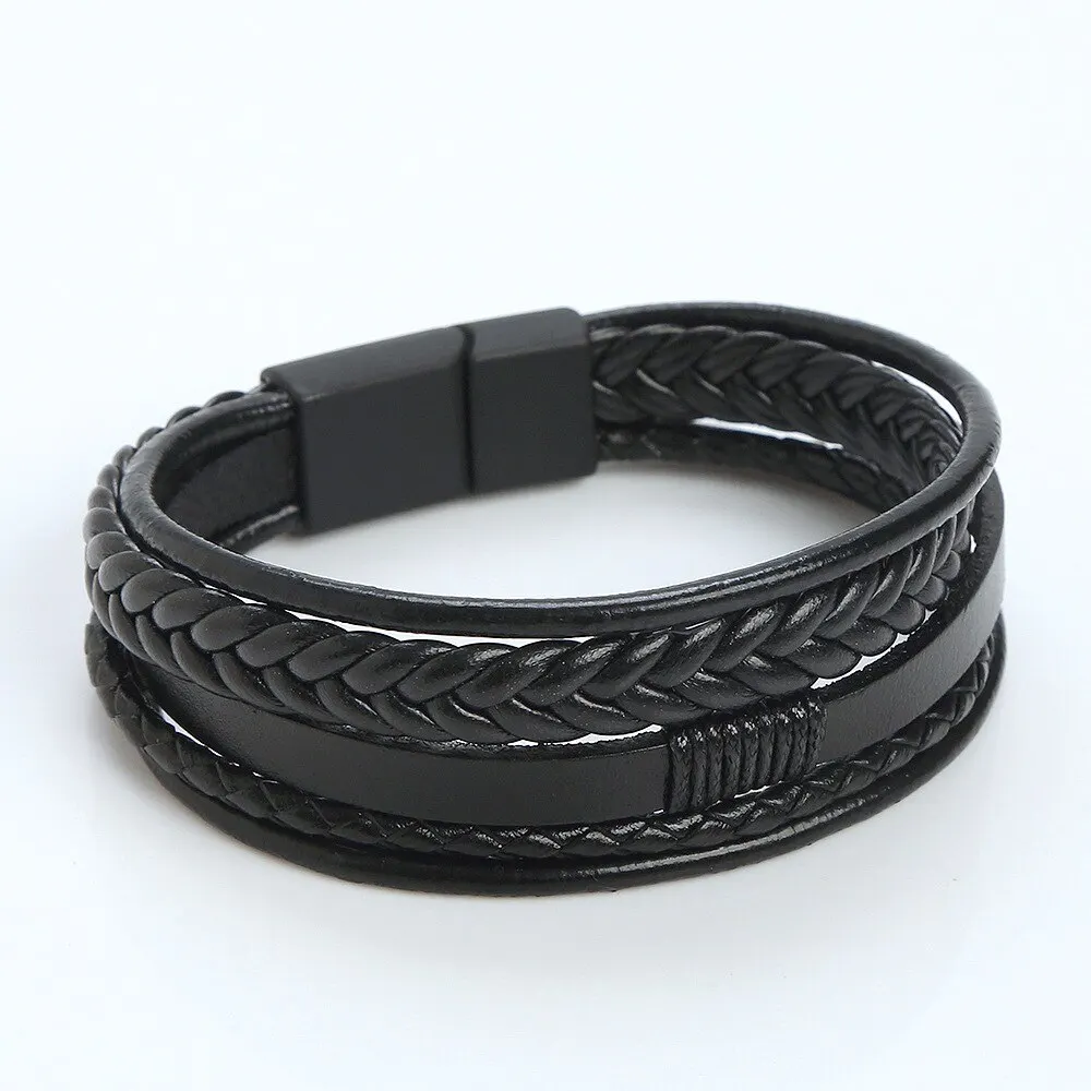 Leather Bracelet Men Genuine Multilayer Braided Rope