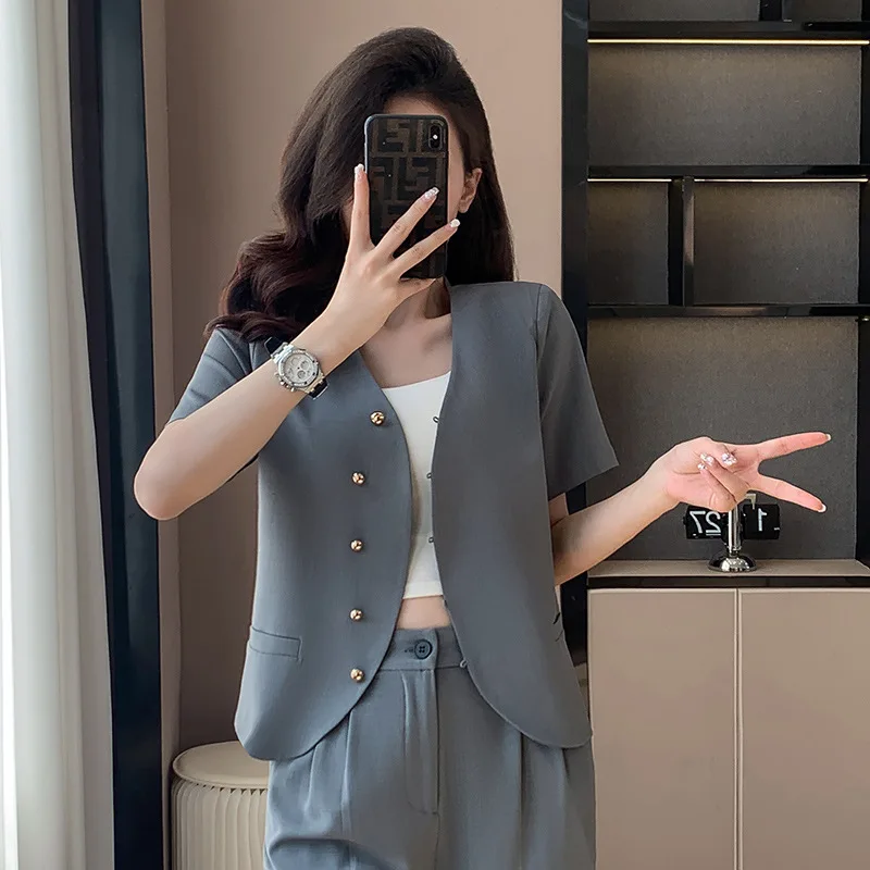 

Fashionable Temperament Collarless Short Sleeve Suit Coat for Women2024Spring and Summer New Commuter Single-Breasted Suit Suit