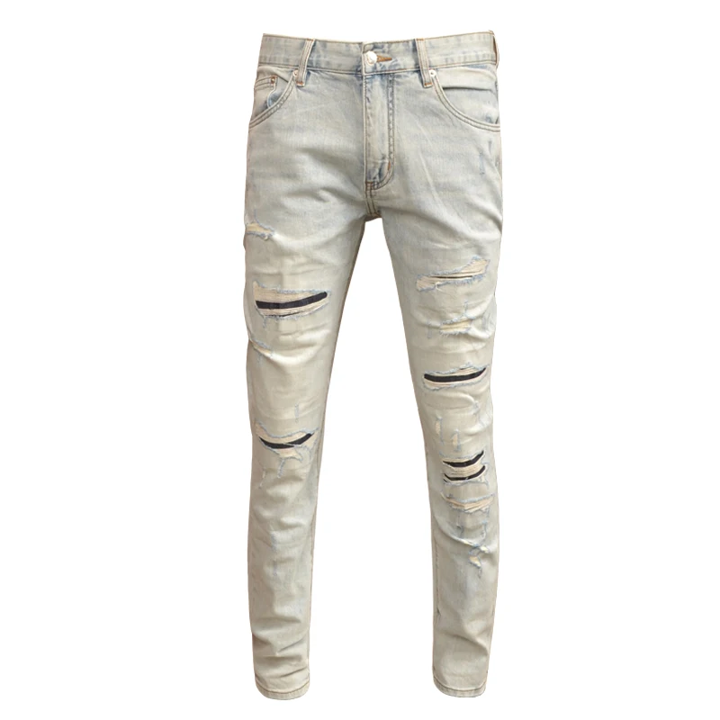 Summer Light Blue Ripped Patch Jeans Men Streetwear Casual Lightweight Vintage Slim Fit Denim Pants