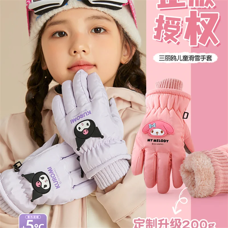 Kawaii Anime Kuromi Gloves My Melody Pachocco Children's Ski Outdoor Student Cycling Plus Velvet To Keep Cold and Warm sanrioed