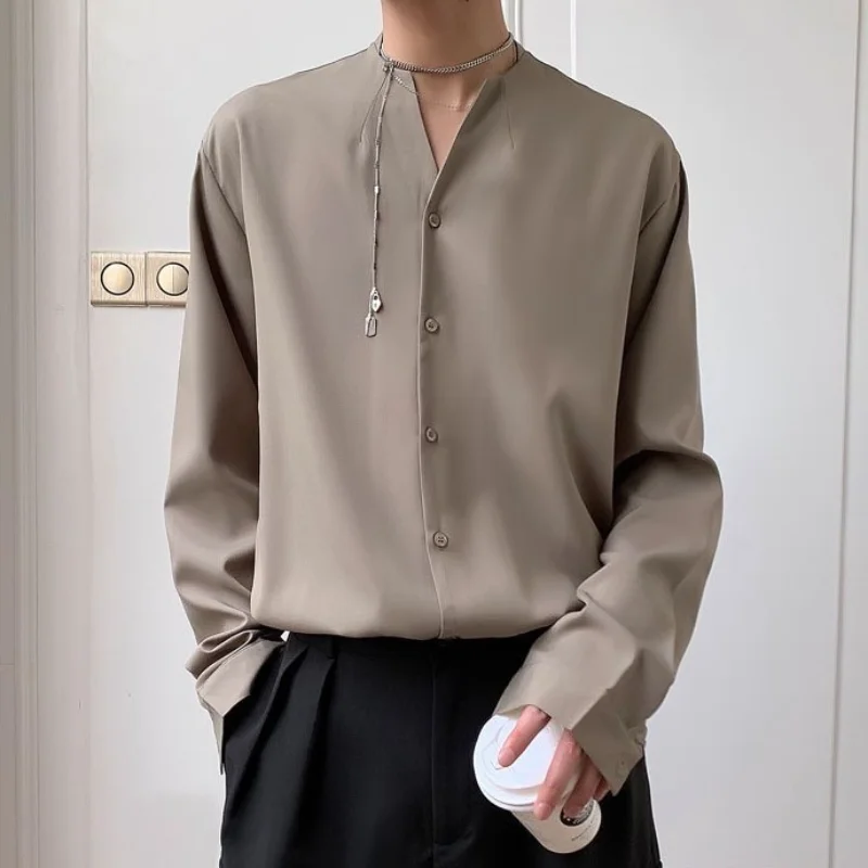 2023 Spring Summer Temperament Men's Clothing Vintage Solid Color Long Sleeve V-Neck Handsome Trend Loose Korean Version Shirt