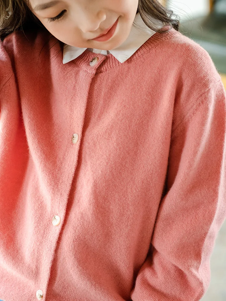 Children's Autumn Winter Pure Wool O-neck Cardigan Boys Girls Kid Merino Solid Color Sweater
