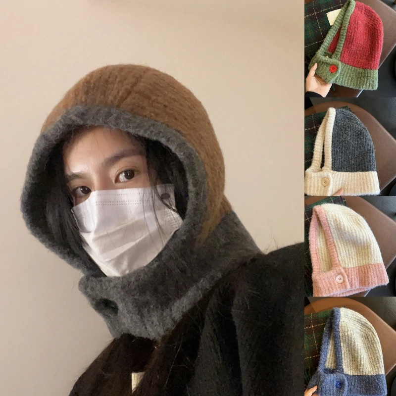 

Warm Winter Knitted Hat Ear Flaps Neck Scarf Hat Women Autumn Headwear Lady Fashion Hooded Hat Windproof Headgear Dropship