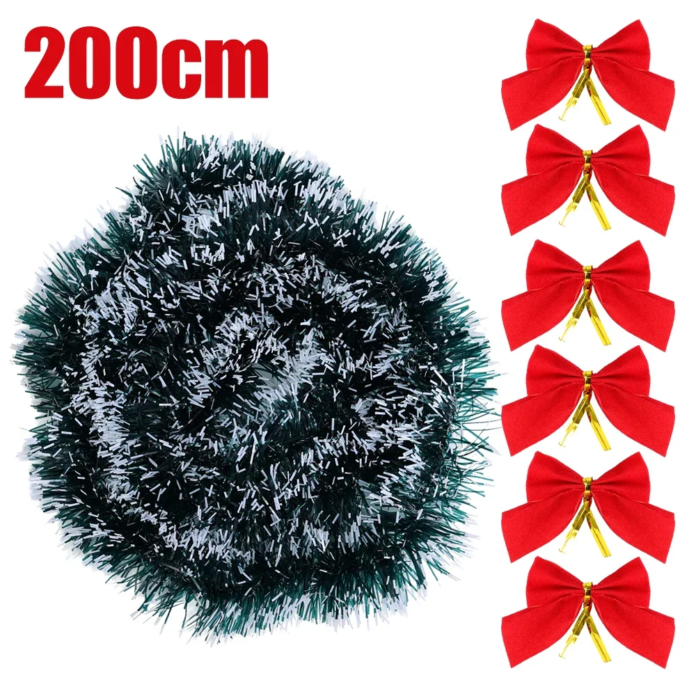 Christmas Ribbon Garland Green Frost Tinsel Cane Pine Streamers with Bowknots DIY Xmas Tree Hanging Wreath Party Decorations
