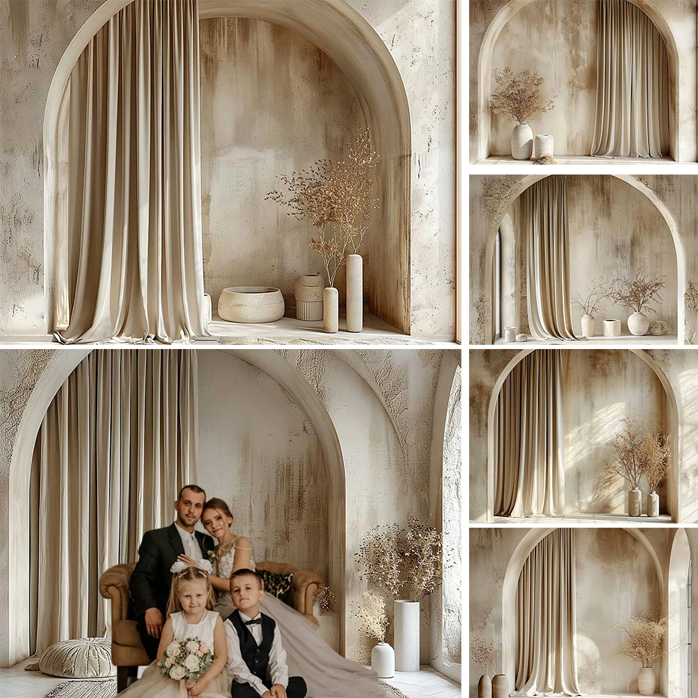 

Mocsicka Boho Arched Wall Background Birthday Wedding Party Beige Curtain Backdrop Indoor Studio Family Portrait Booth Decor