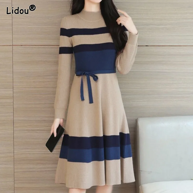 

autumn winter new goddess thickening spliced long sleeve pullover striped knee-length Dresses lace-up bow half high collar slim
