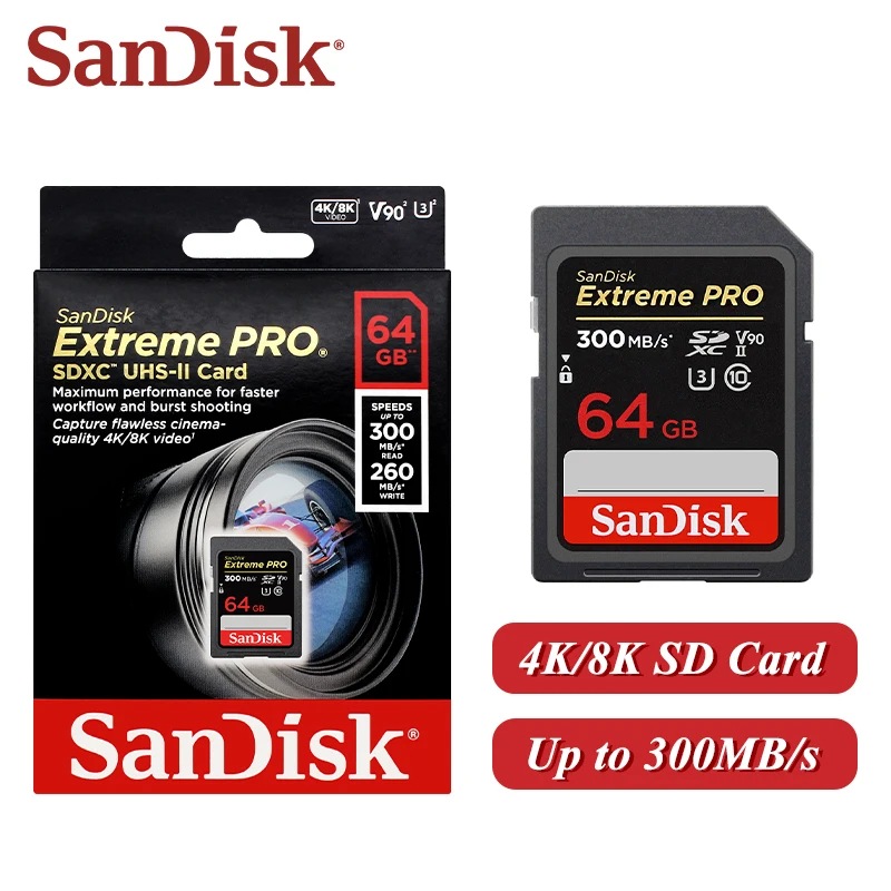 샌디스크 익스트림 프로 SD 카드 UHS-II 메모리 카드 V90 U3 C10 300MB/s 시네마틱 8K 4K 비디오 64GB 128GB 카메라 DSLR 미러리스용