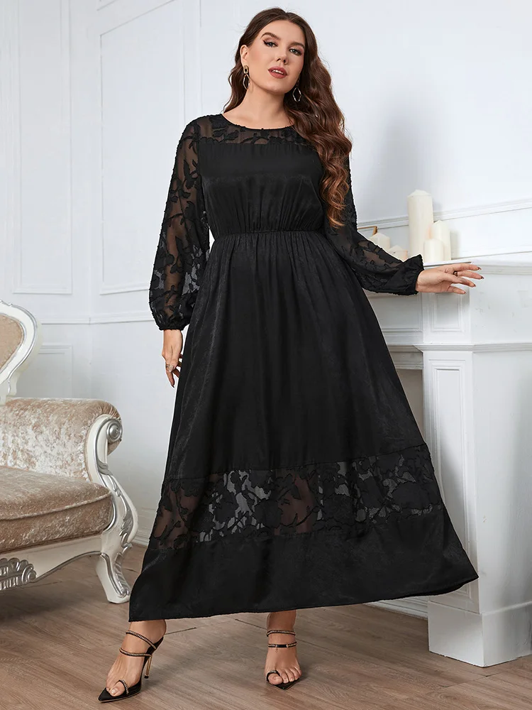 

Cheap Women Plus Size Maxi Dresses 2023 New Spring Autumn Lace Luxury Elegant Long Sleeve Solid Formal Evening Party Clothing