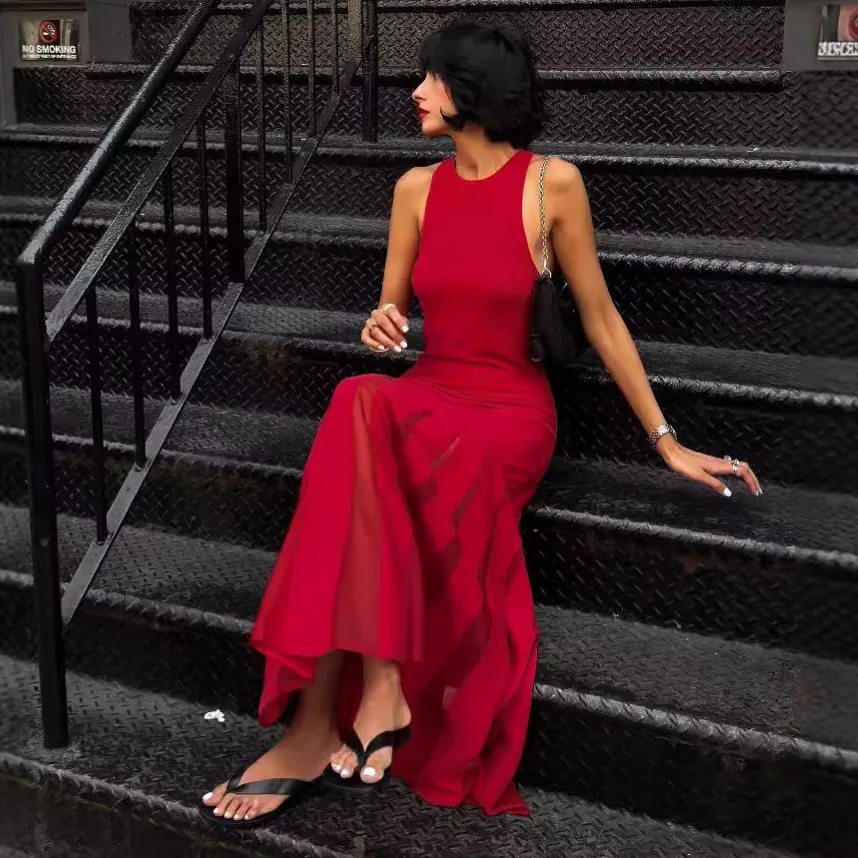 Sexy Knit Patchwork Maxi Dress Female Sleeveless See-Through High Waist Fashion Elegant Party Dress Women's Knitwear Dress