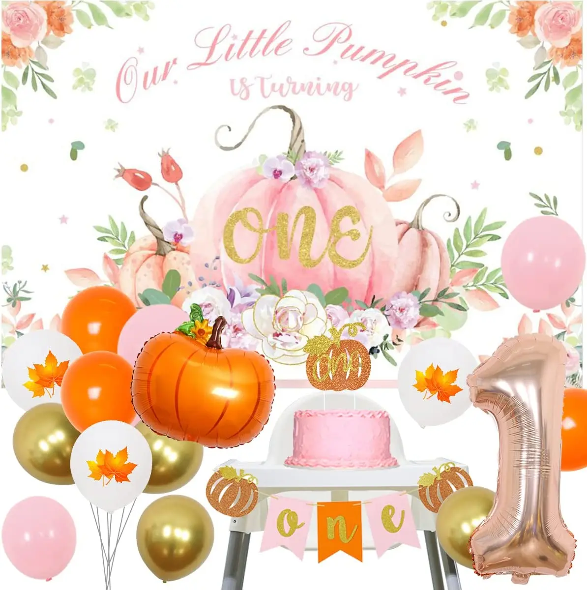 

Pumpkin Backdrop for Girls, Maple Balloons, Cake Topper, 1st Birthday Party Decorations, Autumn Supplies, Pink, Fall