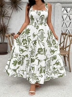 Plus Size 2025 Summer New Holiday Floral Halter Dress with Ruffle Hem and Gathered Bust Plus Size Dress Polyester - Image 6