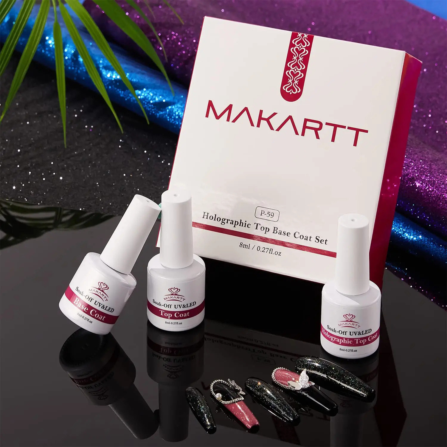 Makartt Holographic No Wipe Top Base Coat Set Soak Off UV LED Gel Nail Polish Glitter Mirror Top Base Coat Poly Nail Gel Shine 6