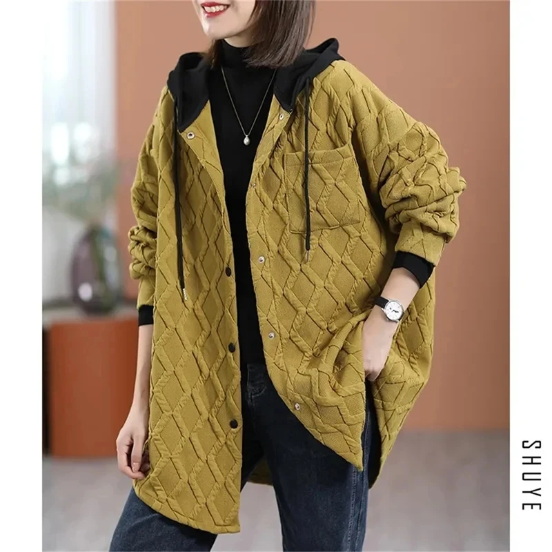 

Autumn Winter Diamond Checker Color Matching Down Cotton Coat Female Windbreaker Hooded Jacket Women Retro Solid Outwear