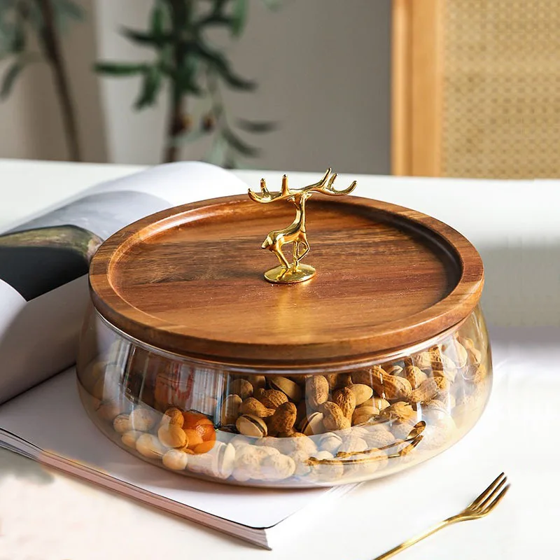 

Nordic Goldeer Glass Fruit Basin Coffee Table Snack Storage Box Acacia Wooden Lid Candy Box Nuts Dried Fruit Tray