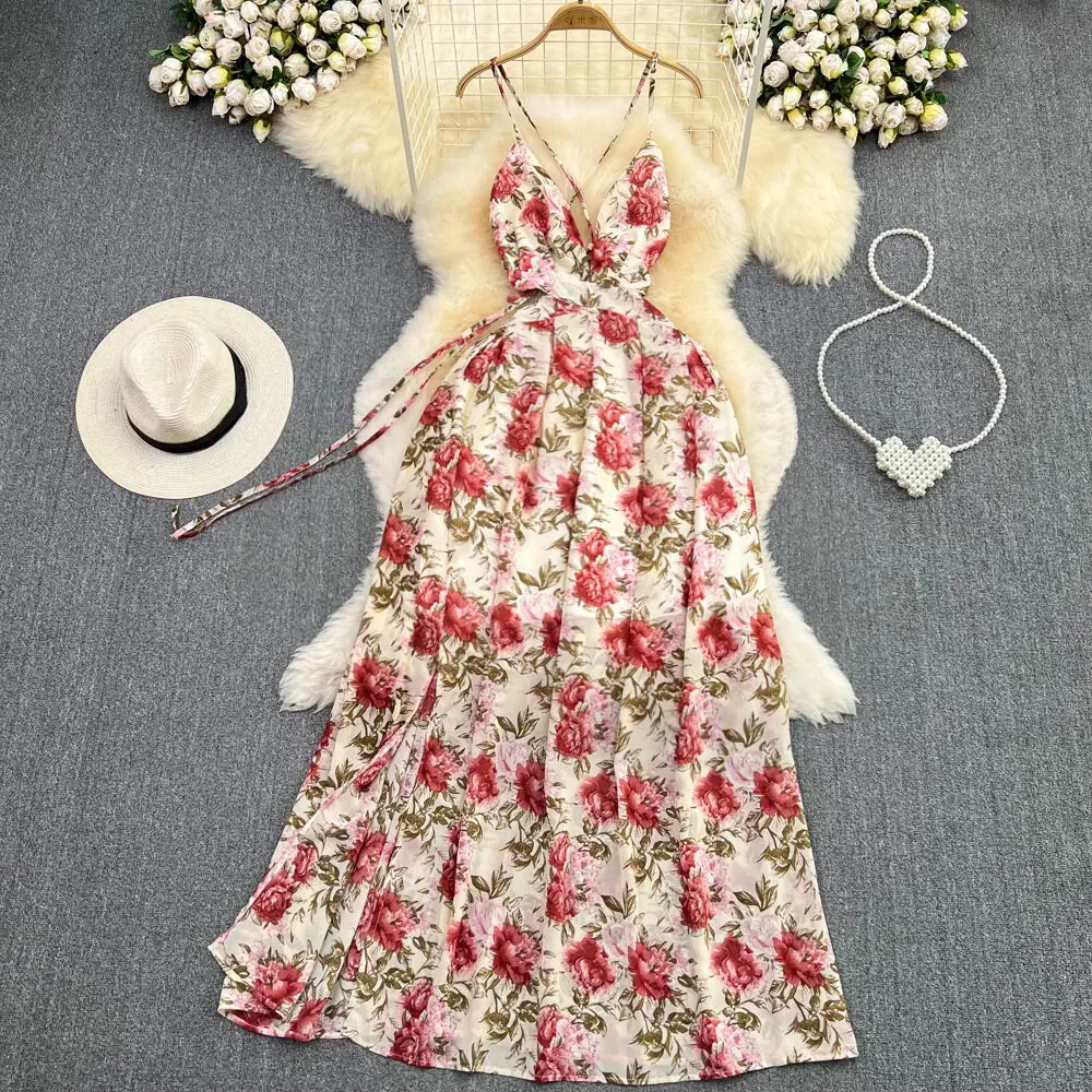 

New Women Chiffon Floral Dress Sexy Backless Hollowed Out Evening Party Dresses Ladies High Waisted Slit Long Dress