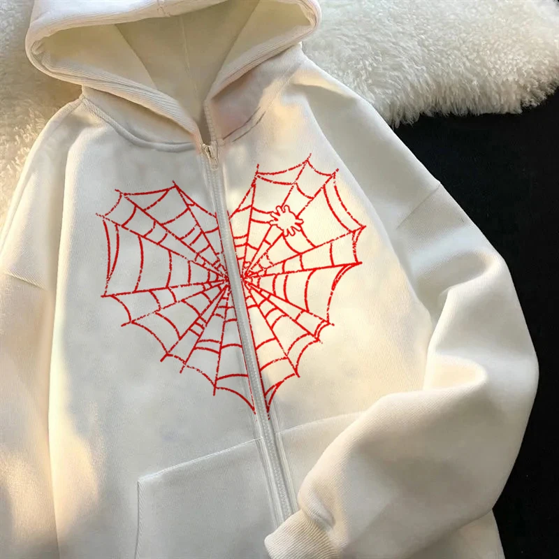 spider web print jacket y2k loose new retro long sleeve fleece zip hoodie halloween sports fashion couple |