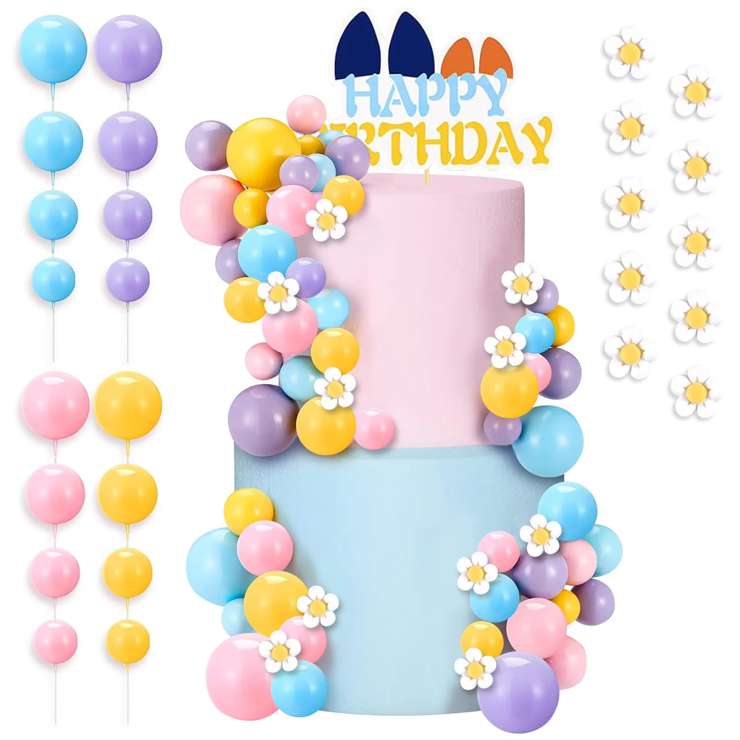 63 Stück blaue Hundekuchenaufsätze mit Kugeln und Blumen für Geburtstagsdekoration, groovige Pastell-Cupcake-Einsätze, Hippie-Hochzeitsfeier