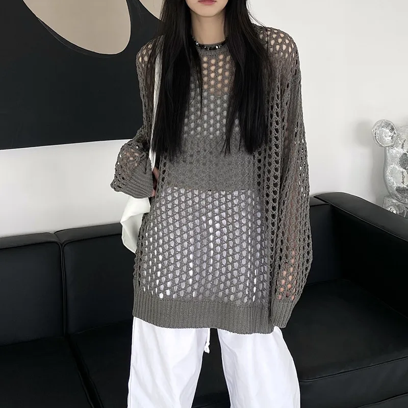 Autumn Fashion Women's Clothing Hollow Loose Crew Neck Women's Long Sleeve Top Casual Sweater Pullover Knitwear