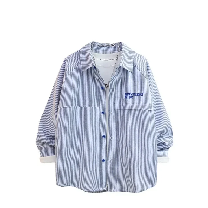 Boys Stripe Shirt Embroidered Children's Fashionable Trendy Top Middle Big Kids Korean Style Outerwear Autumn