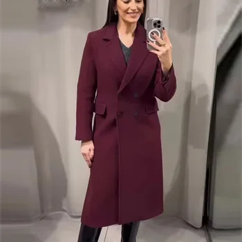 HXAO معاطف الشتاء للنساء سترات الشتاء الدافئ معطف المرأة تويد معطف طويل المرأة الخريف طويلة الأكمام مزدوجة الصدر معطف بورجوندي 2