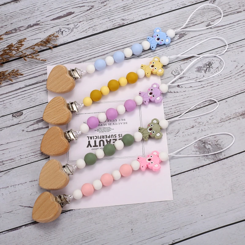 Baby Beech Wood Heart Bead Pacifier Clip Cartoon Koala Silicone Beads Pacifier Chain Bracelet Rattle Nursing Teething Toys