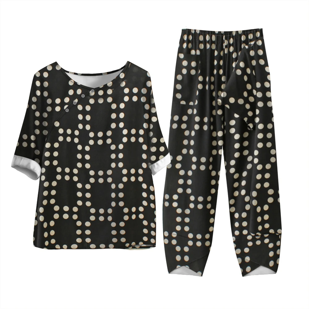 

Vintage Soft Grandmother Button-Down Shirt Breathable Flower Color Printed Short Sleeve Pants Middle-Aged 2-Piece Women's Suit
