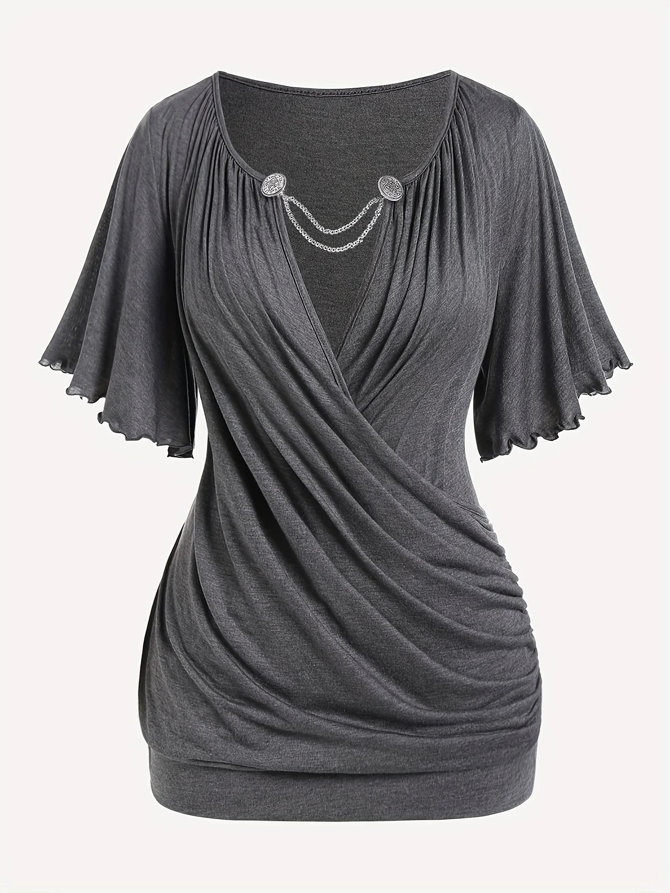 European and American new hit fashion women’s pleated chain embellished V-neck plus-size T-shirt top Best Sellers In Women's Clothing