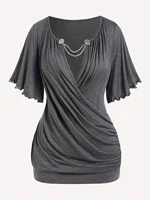 European and American new hit fashion women's pleated chain embellished V-neck plus-size T-shirt top
