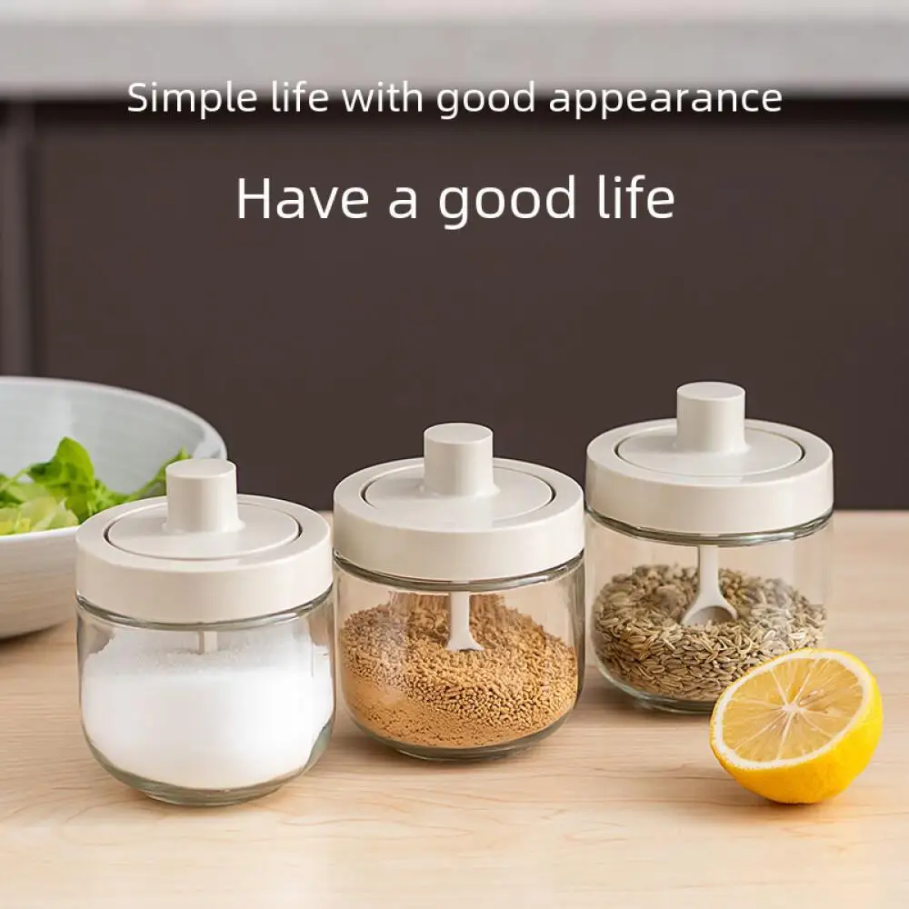 Integrated Seasoning Jar Glass Kitchen Spoon Lid Salt Seasoning Box Condiment Storage Container Multi-Function Cooking Supplies