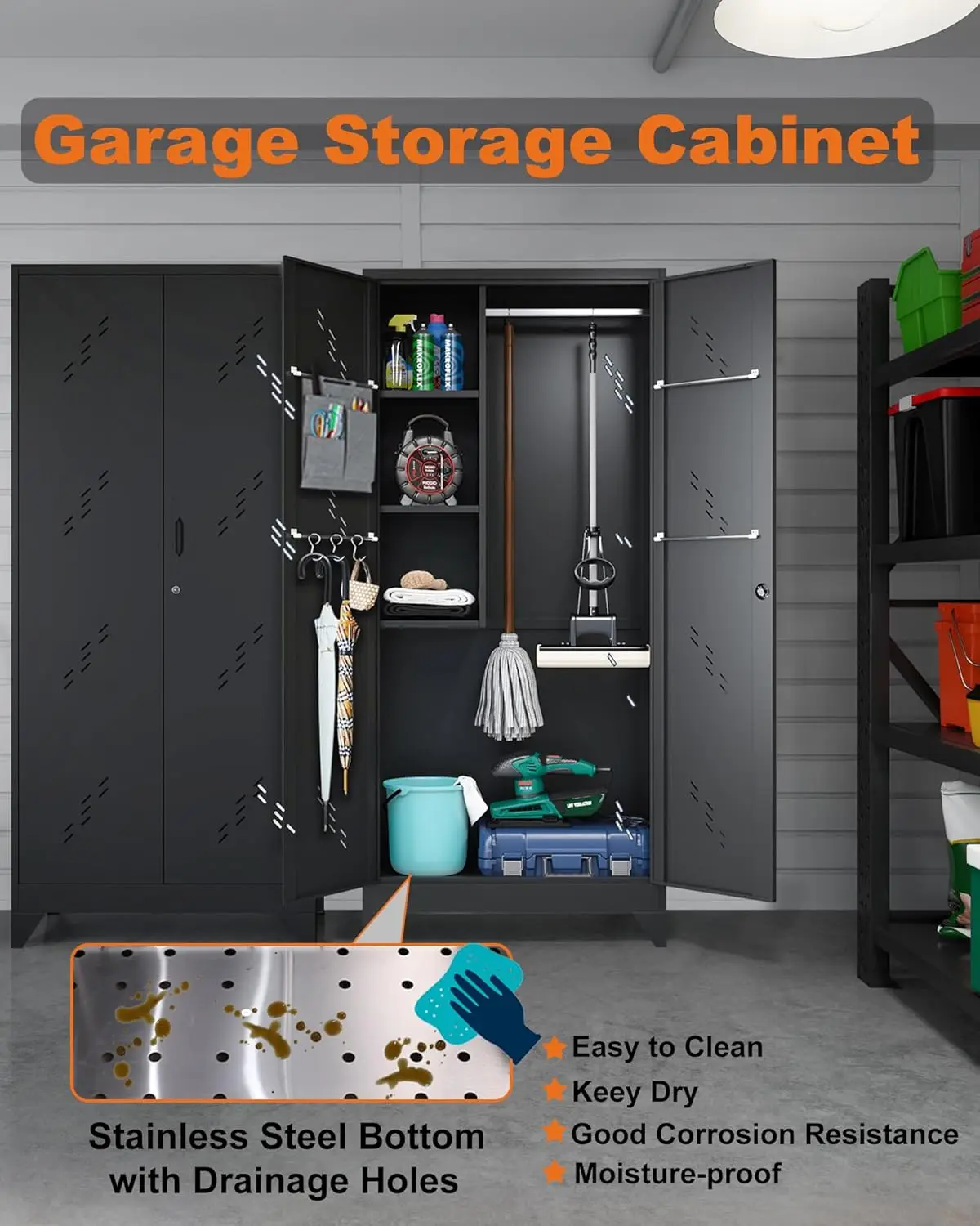 Storage Cabinet with Lockable Doors, Functional Garage Storage Cabinet, Tool Cabinet Garage Organization Cabinet with Hanging Ro 4