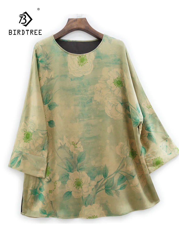 

Birdtree 60MM Mulberry Silk XiangYunSha T-Shirt Advanced Sense Flower Jacquard Retro Basic Loose Blouses Autumn New Top T3D478QC