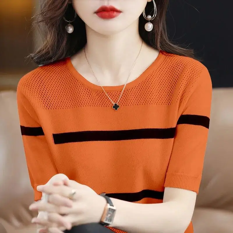Fashion O-Neck Knitted Loose Hollow Out Blouse Women's Clothing 2023 Summer New Casual Pullovers Short Sleeve Commute Shirt