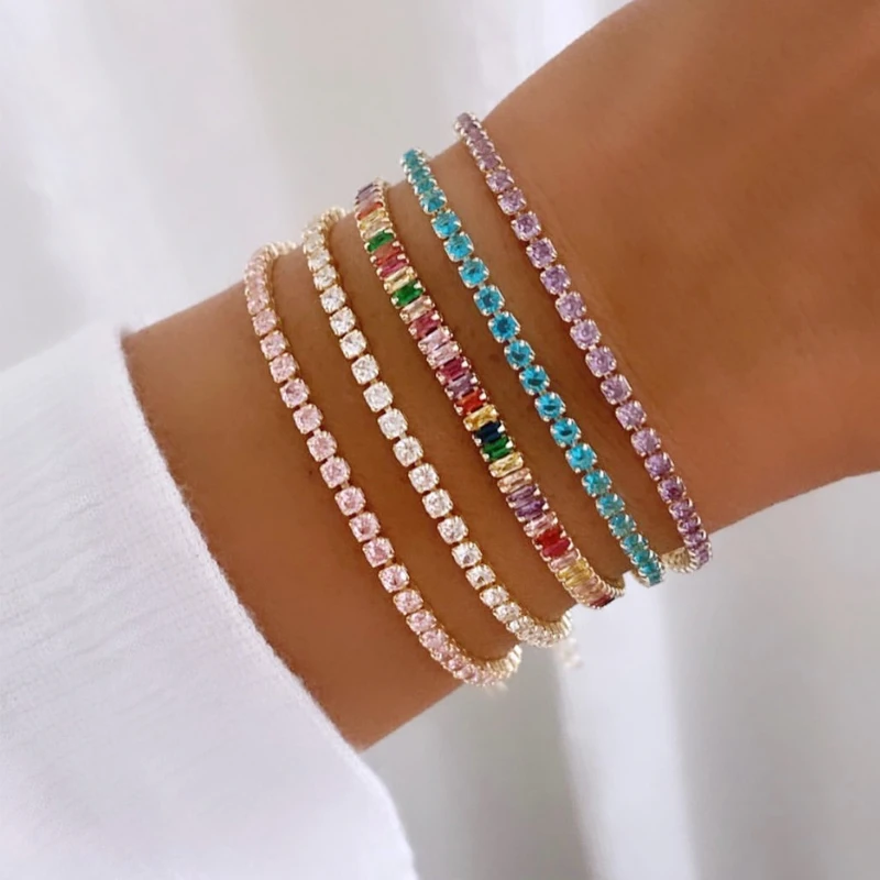 Colorful Crystal Tennis Bracelet for Women Waterproof Multicolor 3MM CZ Wedding Birthstone Hand Chain Jewelry