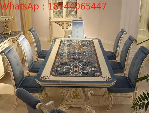 

Retro blue veneer collage shell 2.5 meters luxury mansion carved dining tables and chairs