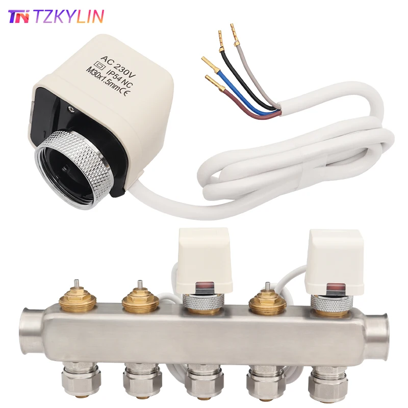 ตัวกระตุ้นความร้อนแบบ 4 สาย NC 230V/DC24V, เกลียว M30x1.5 มม. สำหรับท่อร่วมทำความร้อนใต้พื้น, ตัวกระตุ้นไฟฟ้าแบบปิดปกติ 1