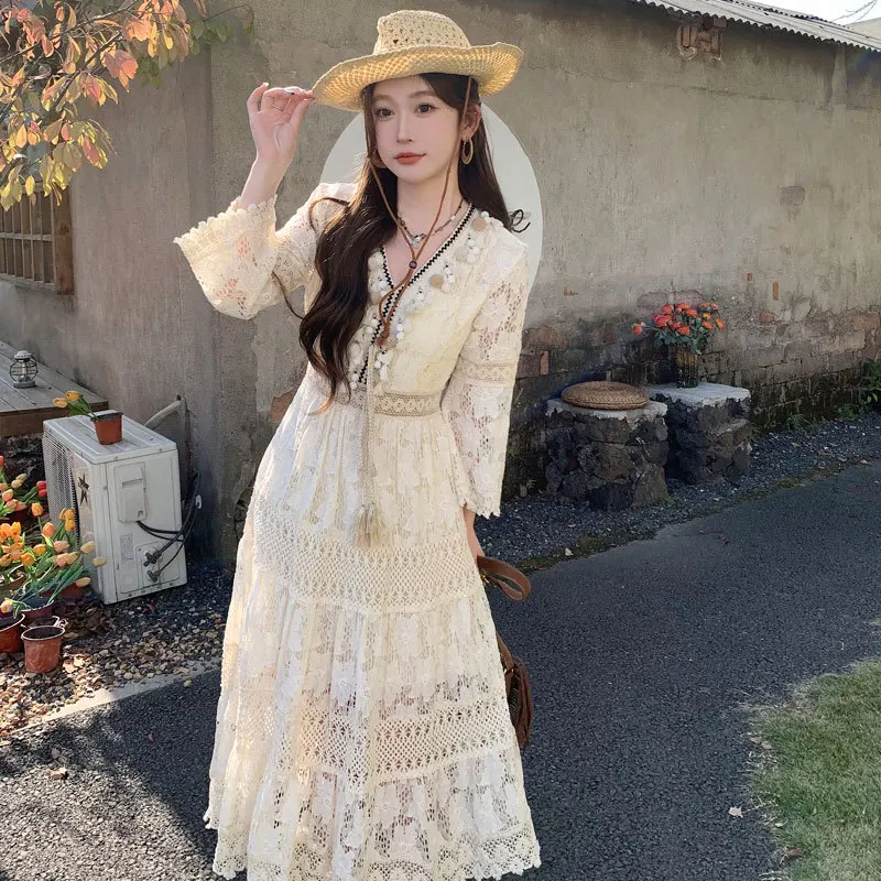 chinese dress ladies Vivienne Lace Ruffle Maxi Dress
