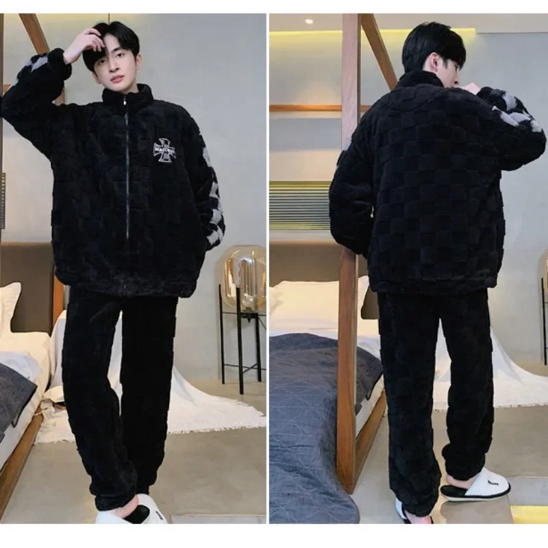 2024 New Pajamas Men's Coral Velvet Autumn Winter Loungewear Plush Thick Warm Sleepwear Youth Zipper Stand Collar Homewear