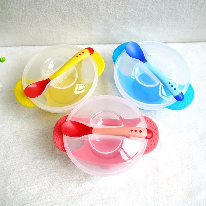 Baby Feeding Tableware Children Plate Sucker Bowl Toddler Baby Kids Child Feeding Lid Training Bowl with Spoon Cartoon Binaural 
